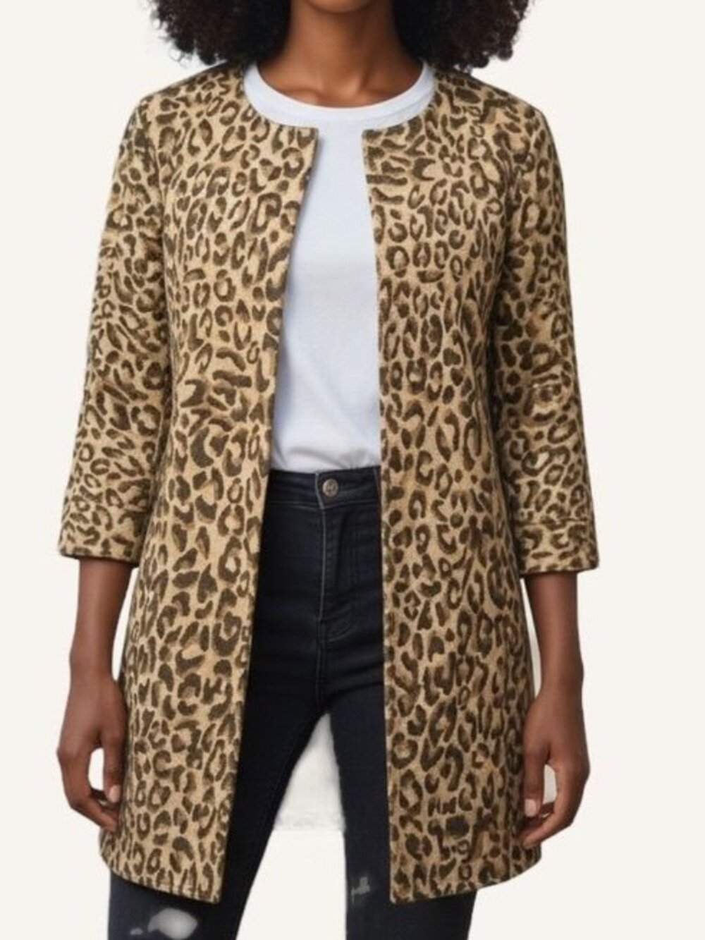 Leopard Coat Jacket Small Midi Twill 3/4 Sleeves Simple Collar Lightweight EUC
